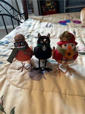 Set of 3 Decorative Fabric Birds in Black, Orange & Red